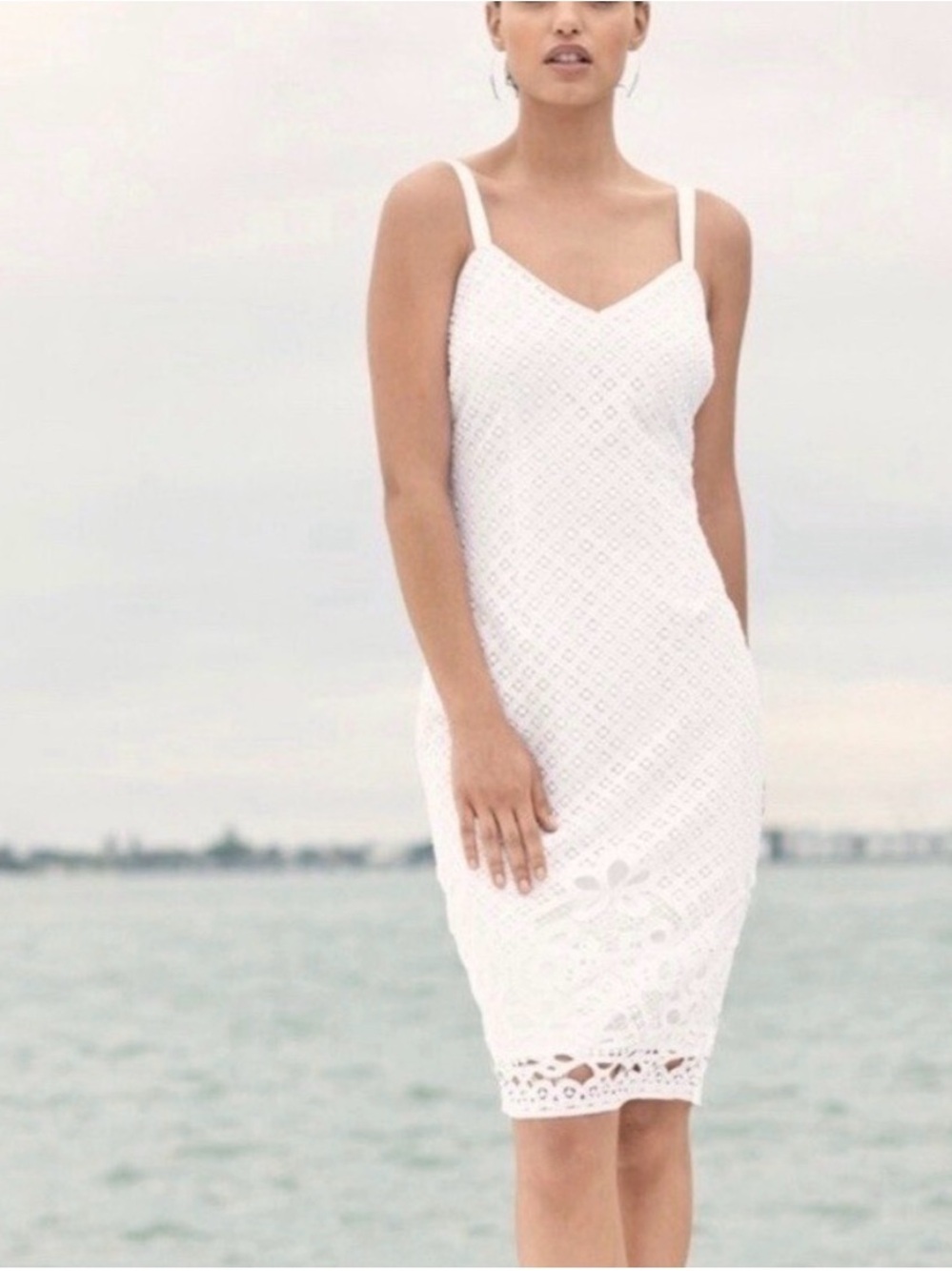 White House black market White Eyelet Lace Spaghetti Strap sheath Dress 8 petite